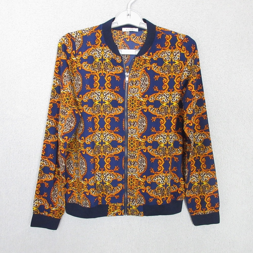 Sioni Bomber Jacket Womens Small Blue Gold Excellent Baroque Leopard Print Zip